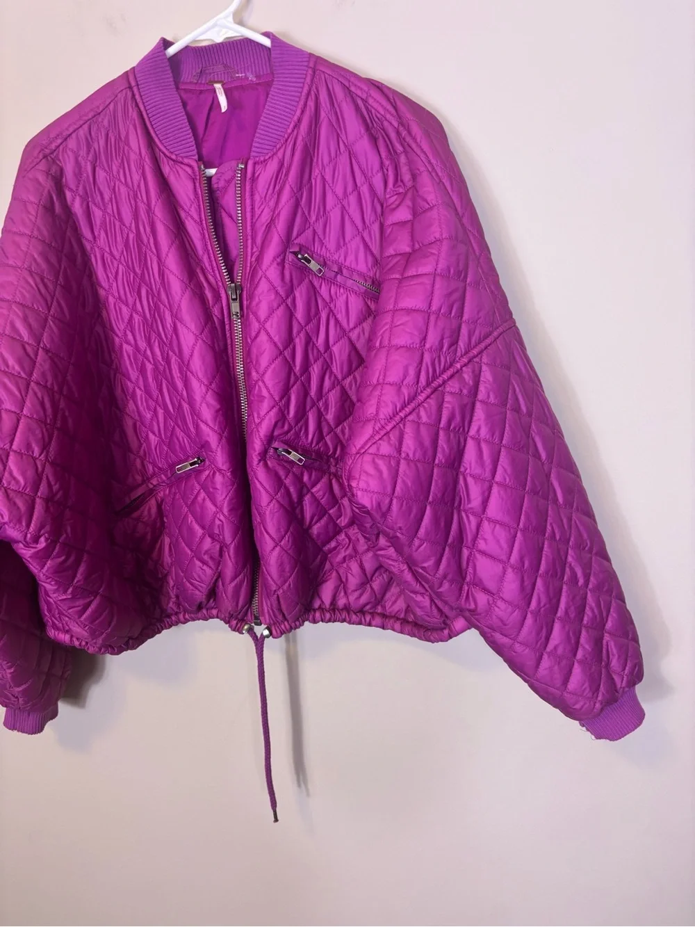 Free People Women’s Quilted Bomber Zip Up Jacket - Vibrant Magenta Small